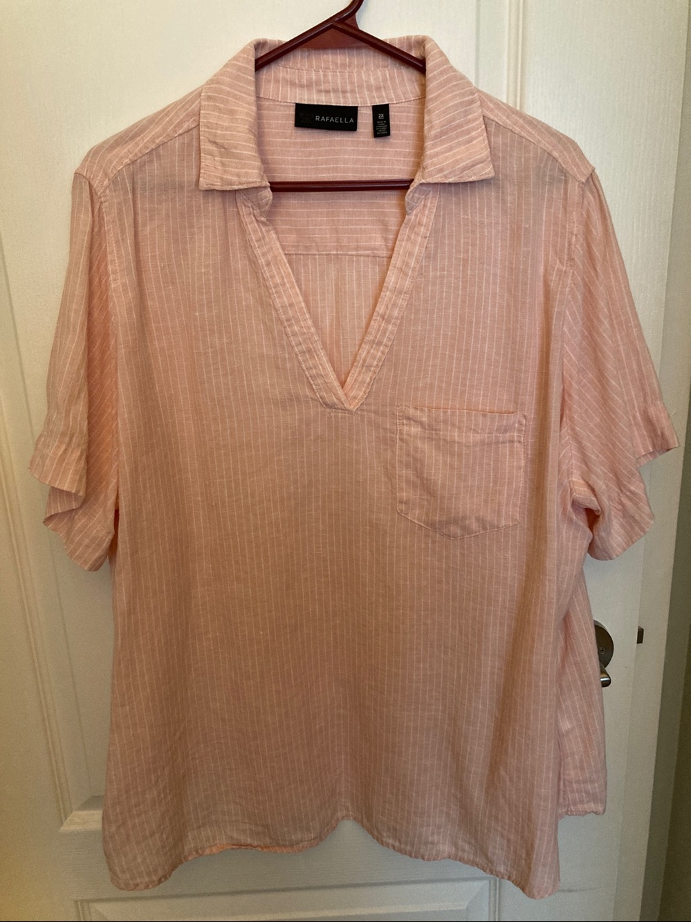 Rafaella Women’s Pale Pink & White Pinstripe Linen Short-Sleeve Shirt - US 2X